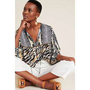 BL^NK London Anthropologie Janou Blouse Sz Small Animal Print Boho Peasant